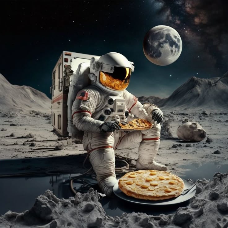 Astronaut eating pizza on the moon